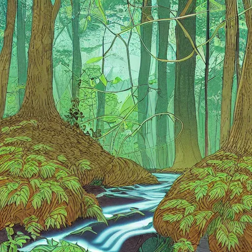 Image similar to A beautiful experimental art of a serene and picturesque forest scene. The leaves are all different shades of green, and the sunlight is shining through the trees. There is a small stream running through the forest, and the whole scene is surrounded by mountains. amaranth, Carboniferous by Rumiko Takahashi, by Jamie McKelvie offhand