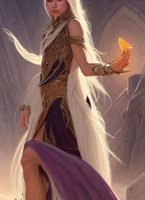 Prompt: portrait of a stunning exotic fantasy dark elf female sorcerer with long white hair flowing in the wind at the location of ancient ruins filled with magic, highly detailed, digital painting, artstation, smooth, sharp focus, illustration, art by artgerm and greg rutkowski and alphonse mucha