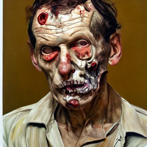 Prompt: high quality high detail painting by lucian freud, hd, portrait of a zombie, photorealistic lighting