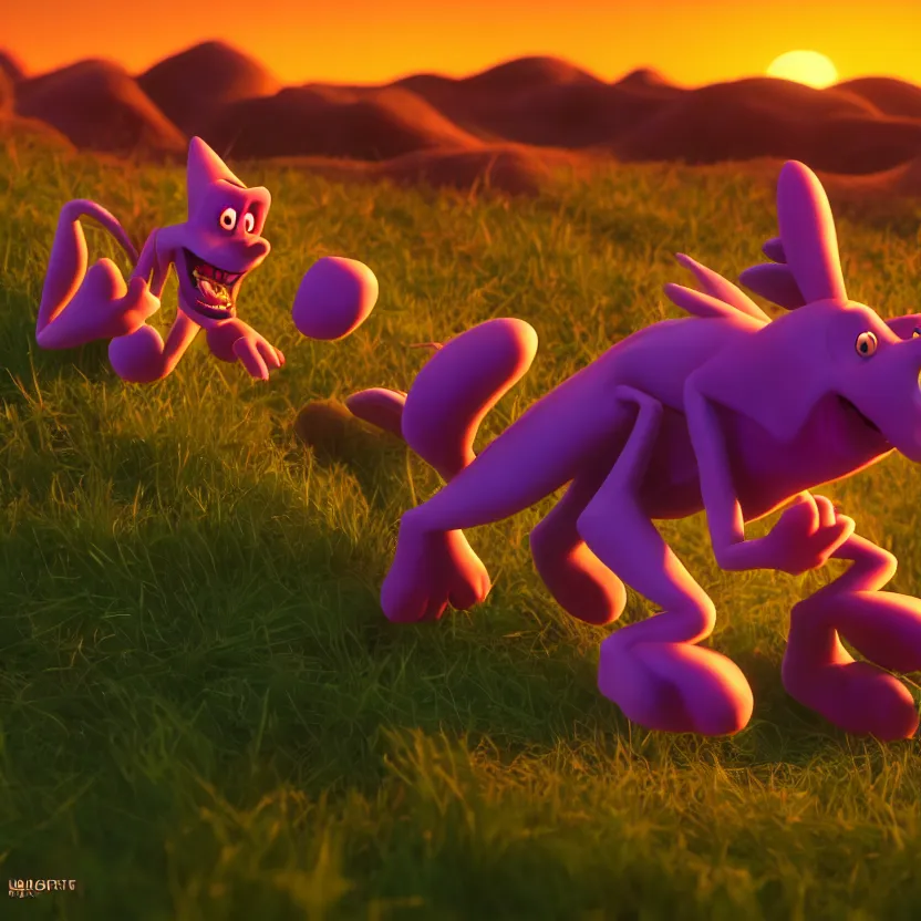 Prompt: courage the cowardly dog, sunset, cinematic lighting, volumetric lighting, award winning photography, highly detailed, intricate, sharp focus, 4 k wallpaper, unreal engine, 9 0 mm, f / 1. 4