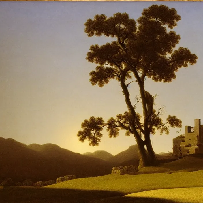 Prompt: a building in a landscape, by martin johnson heade