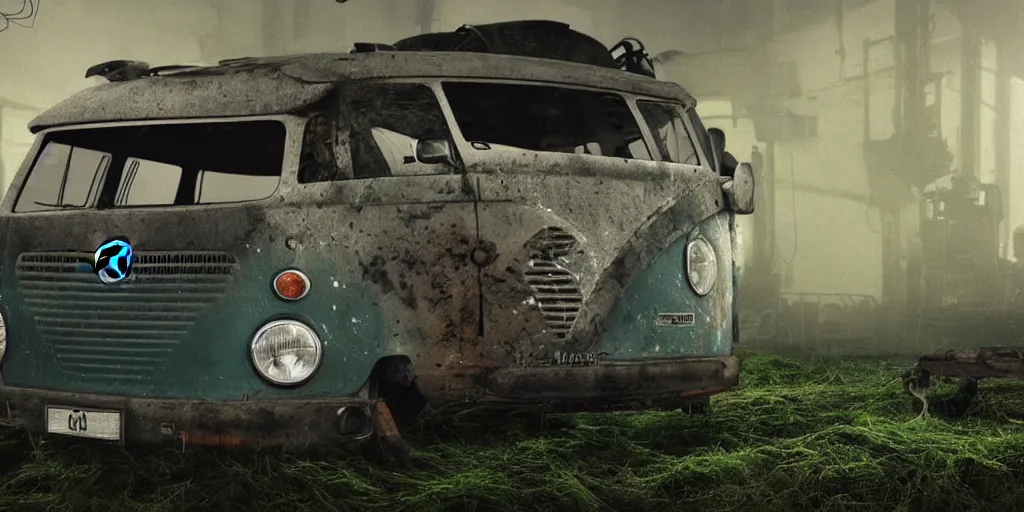 Prompt: close up of a vw campervan in an old industrial vw factory, a ghostly figure is walking between the broken cars, everything is rusted and broken and covered in moss, night time low light, spooky and scary atmosphere, artstation,