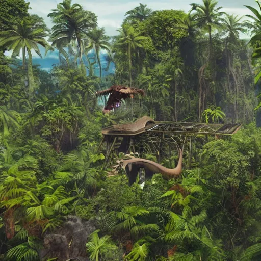 Prompt: a drone view of an elaborate time machine with floating platform over a prehistoric jungle with a t - rex in the background, unreal engine, hyper detailed