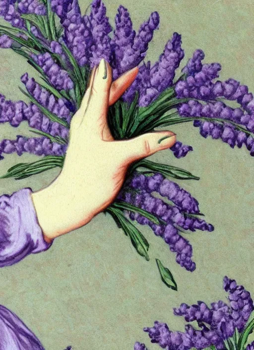 Image similar to by famous 1 9 th century painter, hand, lavender nail polish, realism, pretty, green wallpaper background!