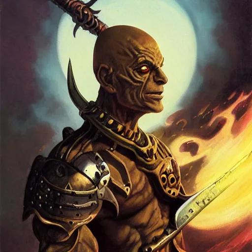 Image similar to ( ( ( quarter length portrait of a gaunt noseless yellow - skinned bald githyanki warrior in a breastplate, wielding a magical silver greatsword ) ) ), greg rutkowski, frank frazetta, alexandre chaudret, boris vallejo, michael whelan, miro petrov, magali villeneuve, donato giancola, d & d