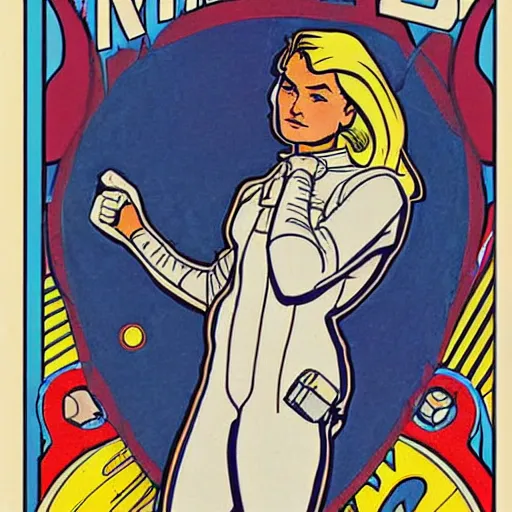 Image similar to a stoic heroic butch tomboy blonde emotionless woman, with very short slicked - back hair. she is dressed as an astronaut. well composed, clean elegant painting, beautiful detailed face. comic book art by steve ditko and jack kirby and ( alphonse mucha )