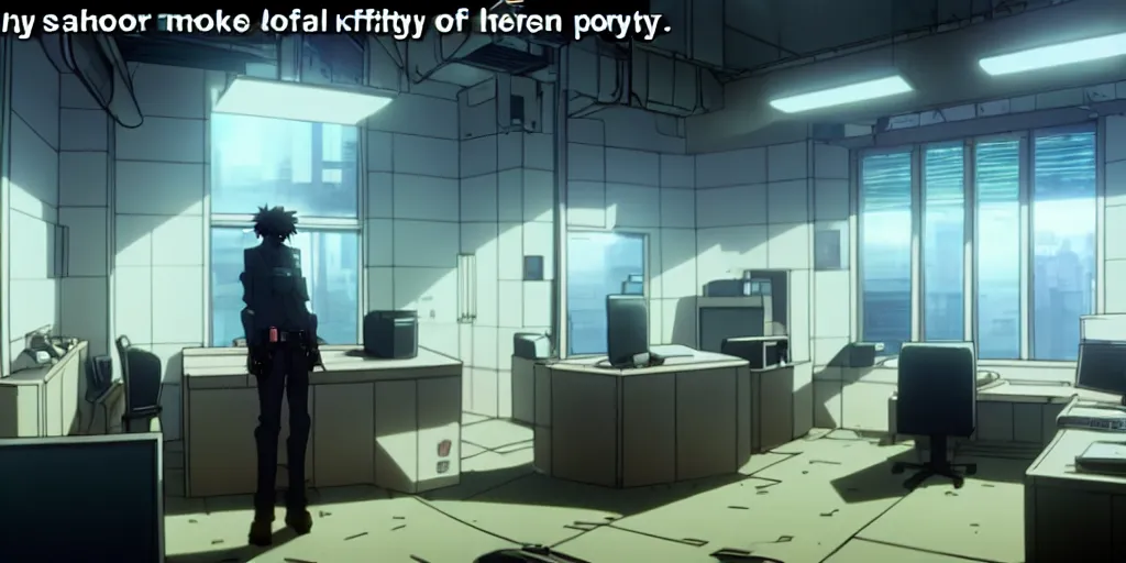 Prompt: an empty after hours cyberpunk police office office in the cyberpunk anime film, Shichiro Kobayashi, screenshot in the anime series ergo proxy ergo proxy ergo proxy and Detroit metal city, interior