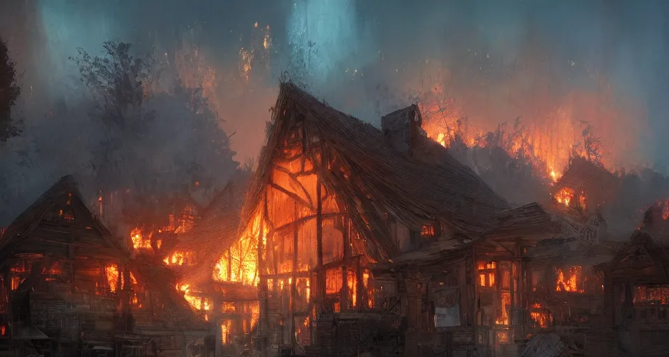 Image similar to book illustration of small burning wooden village. Fire flames everywhere. Atmospheric beautiful by Eddie mendoza and Craig Mullins. volumetric lights