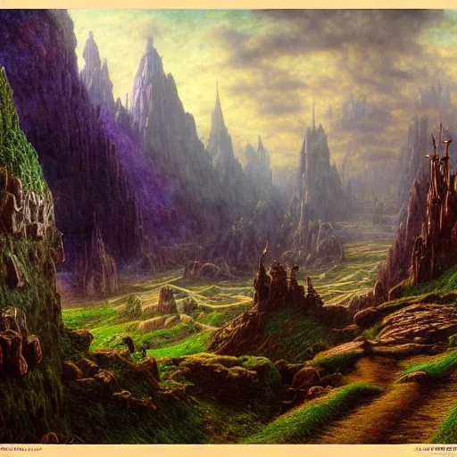 Image similar to a beautiful and highly detailed matte painting of the lost elven land of avalon, celtic, psychedelic, epic scale, insanely complex, hyperdetailed, sharp focus, hyperrealism, artstation, cgsociety, 8 k, bright colors, by caspar friedrich, albert bierstadt, james gurney, brian froud,