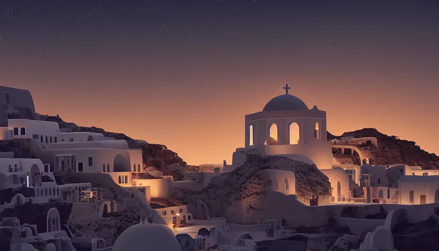 Prompt: 🌟🌜🎆, Art Deco, in SANTORINI island, starry night, Trending artstation, octane render, cgsociety, surrealist, cinematic, shadow of the tomb rider