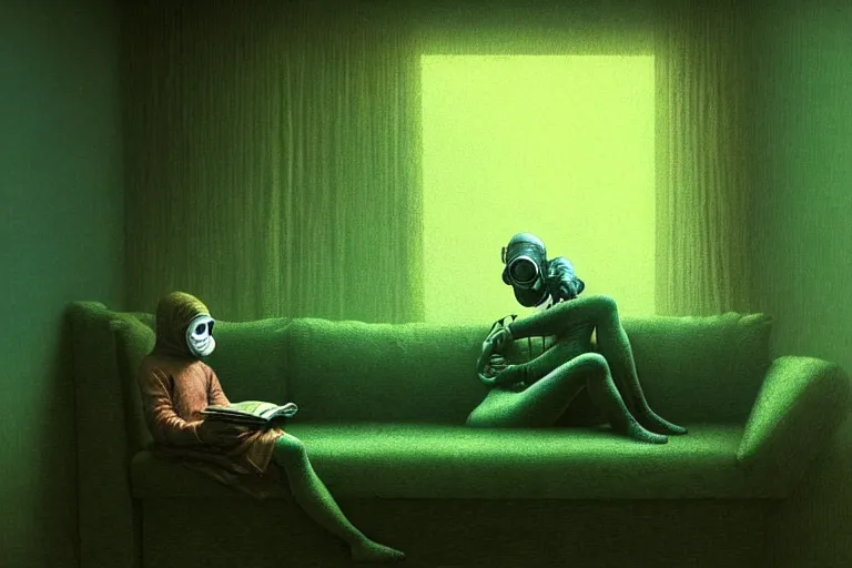 Image similar to girl with wearing a gas mask lying on the sofa reading a book in her room, in the style of beksinski, solarpunk, atmospheric, intricate and epic composition, green by caravaggio, insanely quality, highly detailed, masterpiece, blue light, artstation, 4 k, ultra clean render