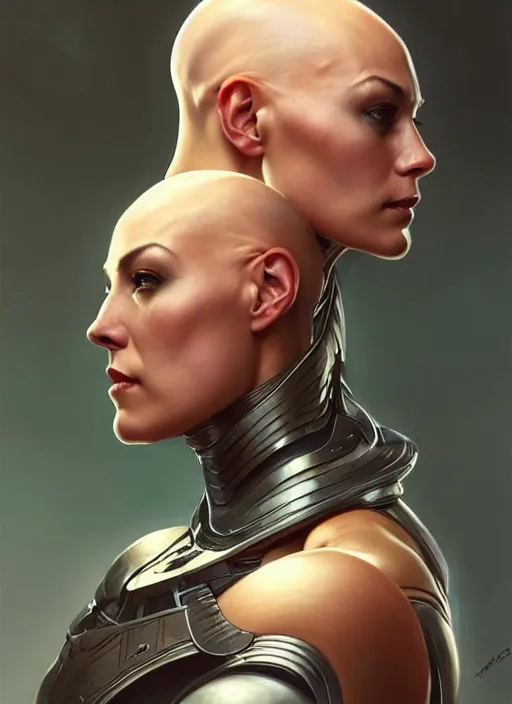 Prompt: Symmetry!! portrait of a bald woman, warrior in sci-fi armour, tech wear, muscular!! sci-fi, intricate, elegant, highly detailed, digital painting, artstation, concept art, smooth, sharp focus, illustration, art by artgerm and greg rutkowski and alphonse mucha