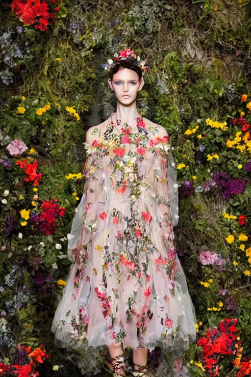 Prompt: beautiful model wearing valentino 2 0 1 4 cyber floral patterned layered dress fashion outfit, jeweled headpiece mystical crown, bright ruins environment background overgrown with flowers