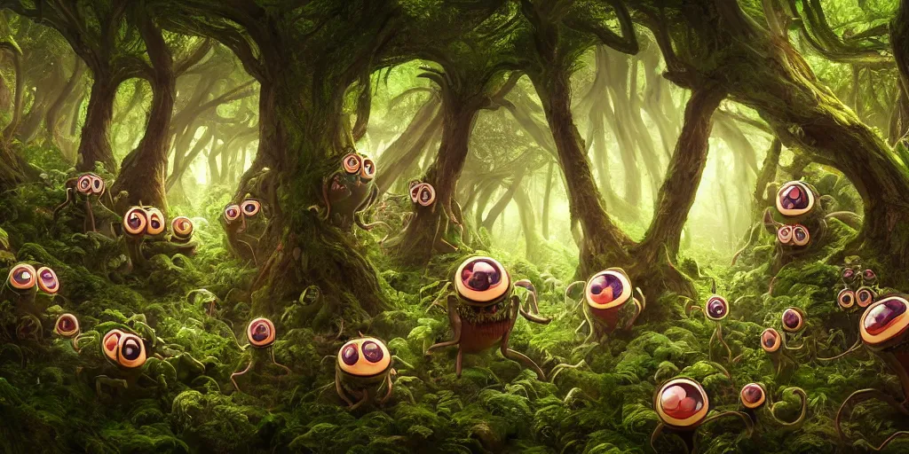 Image similar to of an intricate forest with strange cute friendly happy creatures with huge eyes, mouth, long tongue, round teeth and goofy face, appearing from the background, in the style of gehry and gaudi, macro lens, shallow depth of field, ultra detailed, digital painting, trending artstation, concept art, illustration, cinematic lighting, photorealism, epic, octane render