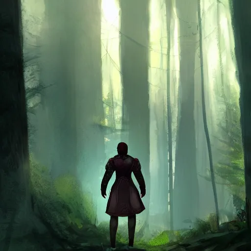 Prompt: high depth, published concept art, dragon age origins bioware morigan standing tall in forest with soft lighting