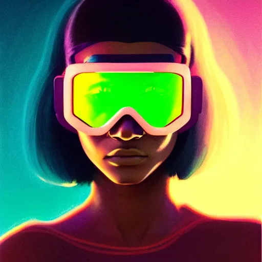 Image similar to zendaya wearing opaque reflective goggles profile picture by Greg Rutkowski, brown skin, very long hair, dune, asymmetrical, futuristic, neon volumetric lights, cool colors, streetwear, studio ghibli, Organic Painting , Matte Painting, geometric shapes, hard edges, street art, trending on the artstation, fantasy LUT, realistic by Sachin Teng + Martin Grip + Moebius, techwear, Industrial Scifi, detailed illustration, character portrait,