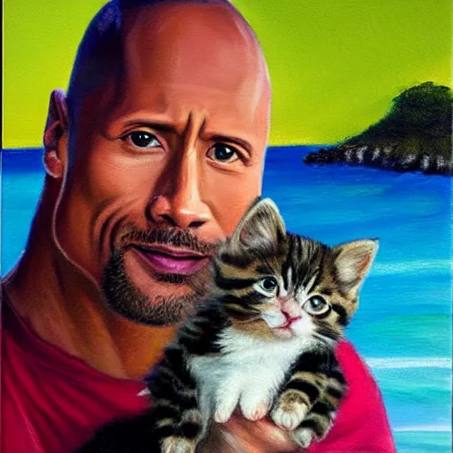 Prompt: dwayne johnson holding a kitten at the beach, oil painting