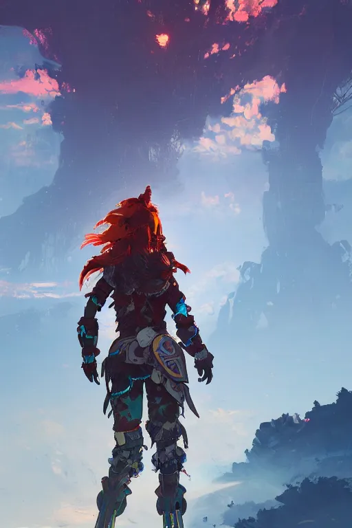 Image similar to combination suit armor aloy horizon forbidden west horizon zero dawn radiating a glowing aura global illumination ray tracing hdr fanart arstation by ian pesty and alena aenami artworks in 4 k tribal robot ninja mask helmet backpack