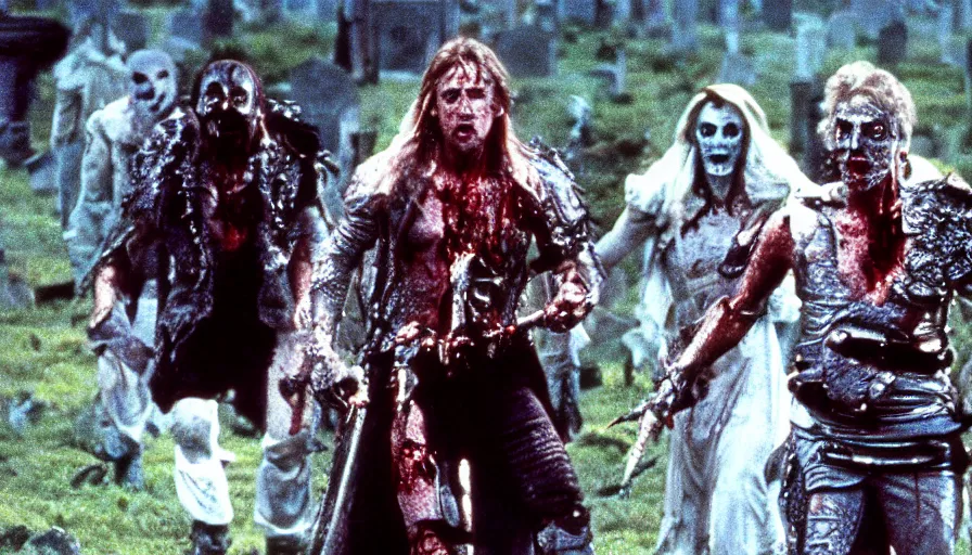 Image similar to 80s movie by James Cameron about a overgrown cemetery where a lavishly dressed necromancer priest has a sword fight with a cyborg zombie