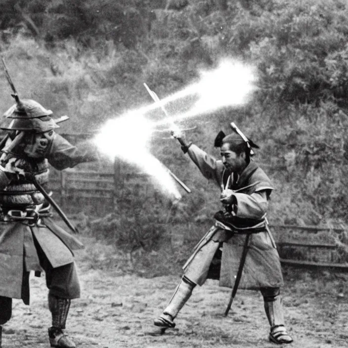 Image similar to a samurai firing a machine gun