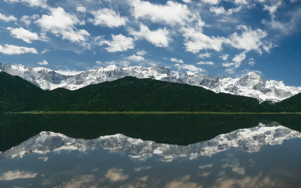 Image similar to the alps and reflection in a lake in the style of georgia o keefe