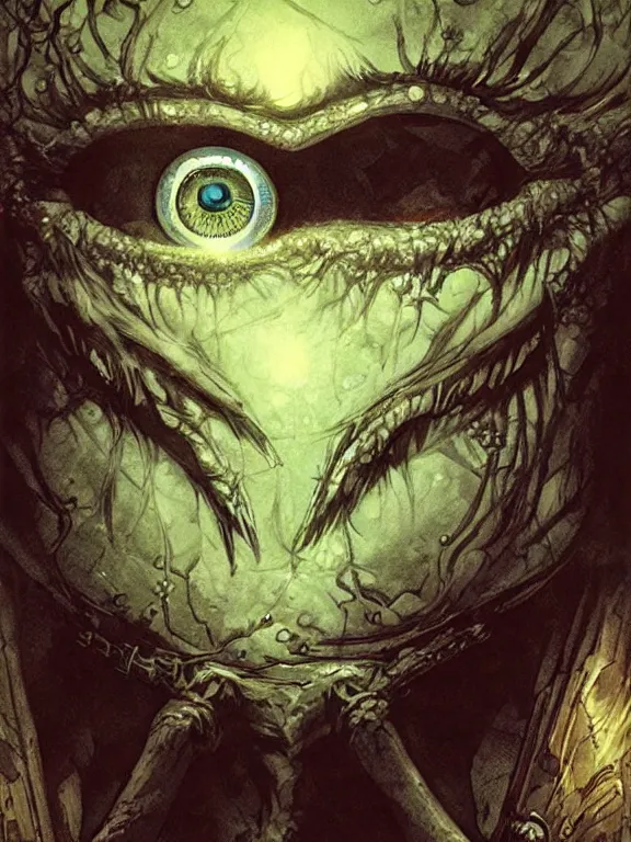 Image similar to one-eyed cyclops concept art with one huge eye in the center. Extremely high detail, details, realistic, fantasy art, solo, masterpiece, portrait painting, saturated colors, art by Arthur Rackham, Dariusz Zawadzki, Muzinabu