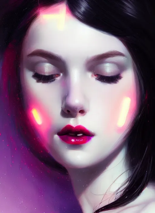 Image similar to portrait of pale teenage girl, red irises, black hair, white bangs, purple lipstick, intricate, elegant, glowing lights, highly detailed, digital painting, artstation, concept art, smooth, sharp focus, illustration, art by wlop, mars ravelo and greg rutkowski