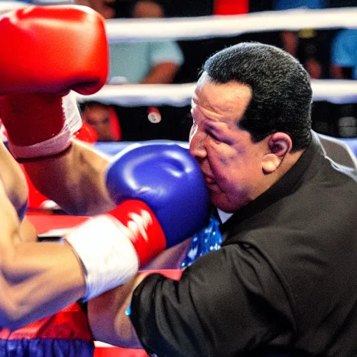 Image similar to A still of Hugo Chávez in a boxing match against Nicolas Maduro, 4k, highly detailed, photograph, photoreal, award winning, promo shoot