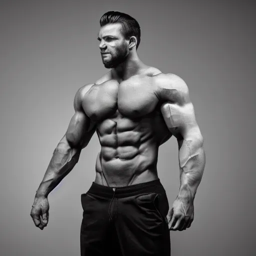 Image similar to overly muscular gigachad, grayscale