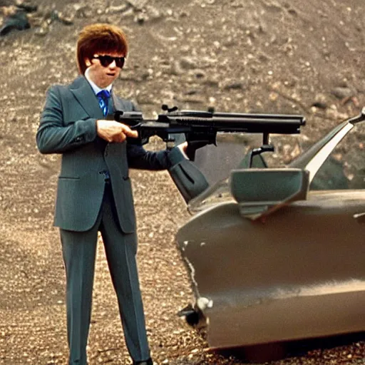 Image similar to austin powers shooting an ak - 4 7, photography, movie,