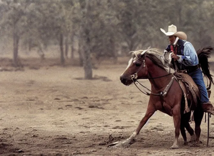 Image similar to a cowboy wearing an eye mask disguise while he sinks into a tar pit with his horse, wide shot, from the hit 9 0 s tv show