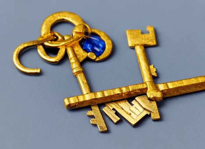 Prompt: close up of a gold and sapphire key, high detail, complex