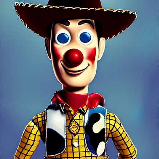 Prompt: woody from toy story, as a horror clown, painting