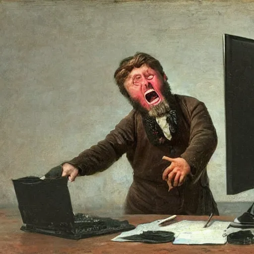 Image similar to an angry man screams at his computer monitor, oil on canvas, 1 8 8 3, highly detailed