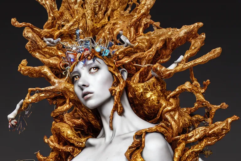 Image similar to Cinestill of A heartbreaking realistic 8k Bernini Sculpture of a stunning intricate cracked multicolored milky cosmic marble Evangelion Fallen Angel Devil Queen adorned in sentient mycelium mystical jewelry and ancient Empress crown and misty xparticles. by Yoshitaka Amano, Daytoner, Greg Tocchini, Scattered golden flakes, Hyperrealism. Subsurface scattering. Octane Render. Weirdcore, perfect face