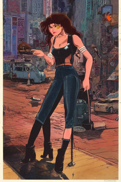 Image similar to portrait of an attractive young female protagonist, center focus, wearing leather jacket, in city street, detailed artwork by ralph bakshi