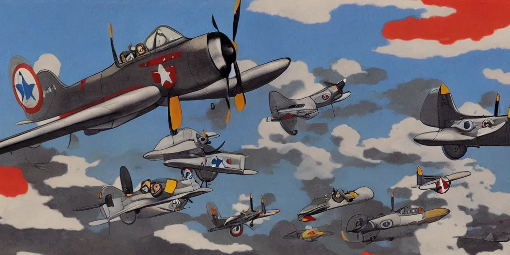 Image similar to world war two fighter planes, studio ghibli style, by tullio crali