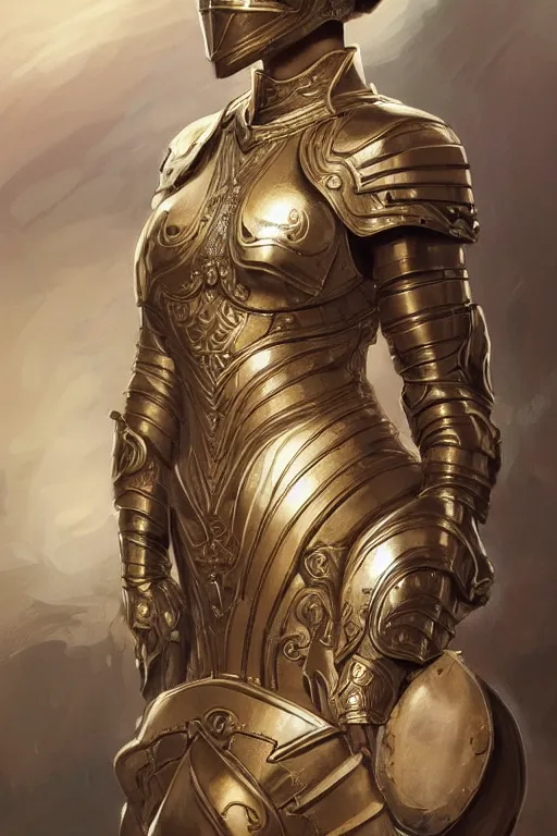 Image similar to attractive young female warrior, ornate metallic helmet, battle armor, olive skin, long dark hair, beautiful bone structure, symmetrical facial features, goddess-like, intricate, elegant, highly detailed, digital painting, artstation, concept art, smooth, sharp focus, illustration, art by artgerm and greg rutkowski and alphonse mucha