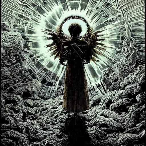 Image similar to apocalypse apocalyptic nuclear explosions god deity judgement day the end revelation of death angels horror art godmachine victo ngai hyperrealism photo - realistic gustave dore and dzo godmachine victo ngai yoji shinkawa apophasis shintaro kago apophasis hyperrealism