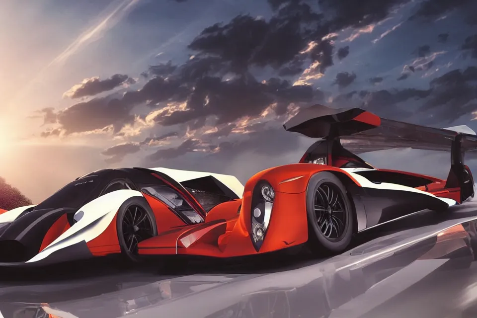 Image similar to Futuristic Hover Car Le Mans Races In Italy Circa Year 10,0000 Designed by Syd Mead and Pininfarina, beautiful sunset, photorealistic, hyperrealistic, octane render, HDR, IG Studios Anime Style