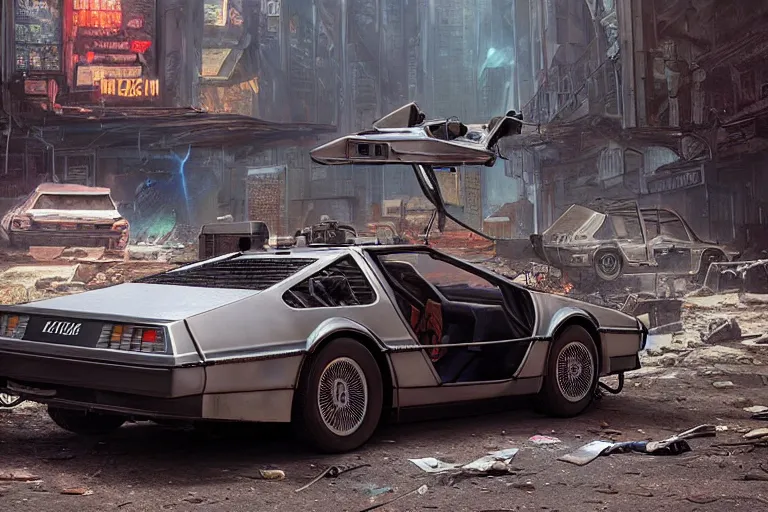 Image similar to highly detailed photorealistic rendering of the delorean from back to the future parked on the streets of a cyberpunk abandoned city, futuristic post - apocalyptic vibe, by greg rutkowski and stanley artgerm and alphonse mucha, octane, sharp focus, hyperrealistic, unreal engine 5, vray, masterpiece