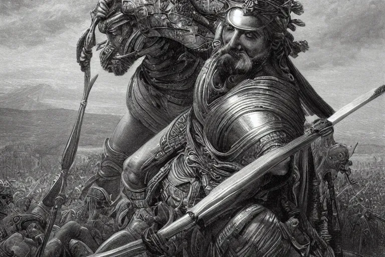 Image similar to highly detailed picture of great greek warrior with a spear, edge of the universe, symmetrical face, cinematic romantic magical, greek myth, masterpiece, from the book by gene wolfe, highly detailed painting by gustave dore