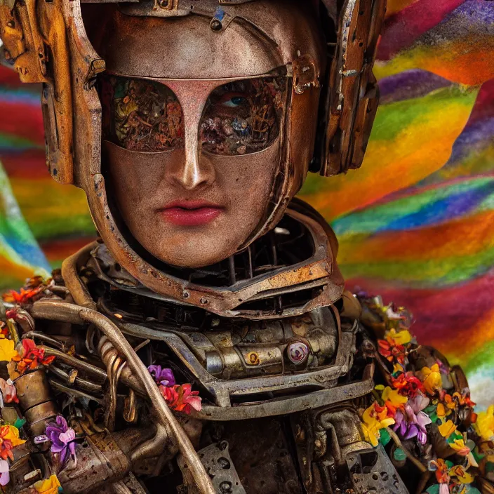 Image similar to closeup portrait of a rusted robot wearing a cloak made of rainbows and lilies, in an empty field, by Annie Leibovitz and Steve McCurry, natural light, detailed face, CANON Eos C300, ƒ1.8, 35mm, 8K, medium-format print