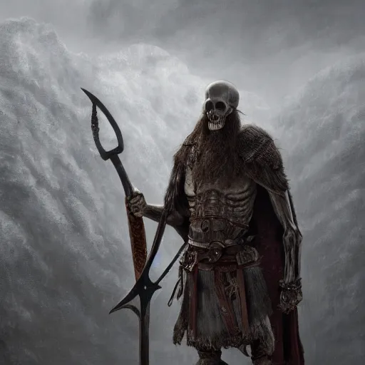 Image similar to an portrait of an skeleton wearing a viking robe and holding an axe, Matte painting , detailed painting, made by Greg Rutkowski, 4k resolution, atmospheric, extremely high detail