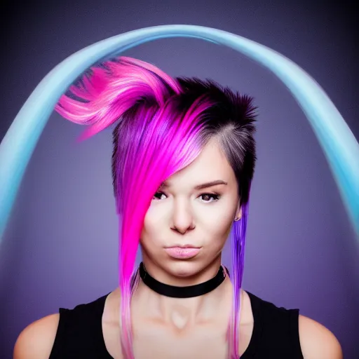 Image similar to a award winning action upper body portrait of a beautiful woman with a ombre purple pink hairstyle with head in motion and hair flying, choker, hoop earrings, outrun, vaporware, highly detailed, fine detail, intricate