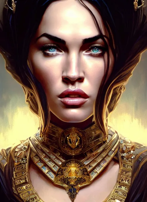 Image similar to portrait of megan fox as a queen, throne, jewelry, greek, black, intricate, headshot, highly detailed, digital painting, artstation, concept art, sharp focus, cinematic lighting, illustration, art by artgerm and greg rutkowski, alphonse mucha, cgsociety