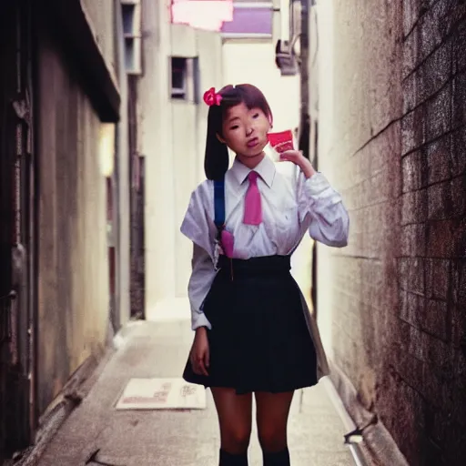 Prompt: a perfect 8K HD professional photo of close-up japanese schoolgirl posing in sci-fi dystopian alleyway, at instagram, Behance, Adobe Lightroom, with instagram filters, taken with polaroid kodak portra