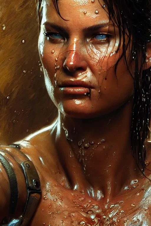 Image similar to muscular sweat and wet, lara croft, exhausted face close up, highly detailed painting by gaston bussiere, craig mullins, j. c. leyendecker 8 k