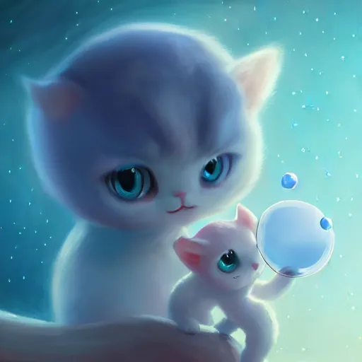 Image similar to cinematic portrait of cute Mew riding large blue bubble, oil on canvas, masterpiece, trending on artstation, featured on pixiv, cinematic composition, dramatic pose, beautiful lighting, sharp, details, hyper-detailed, HD, HDR, 4K, 8K