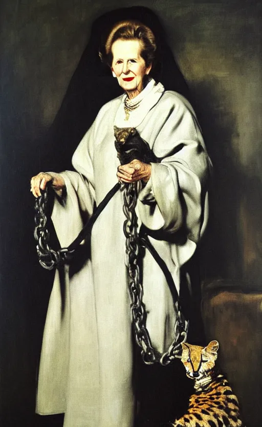 Prompt: an oil portrait of margaret thatcher in ceremonial robe holding a chained distressed serval, high quality, artstation, higly detailed, art by velaquez rubens and francisco goya, dark lighting